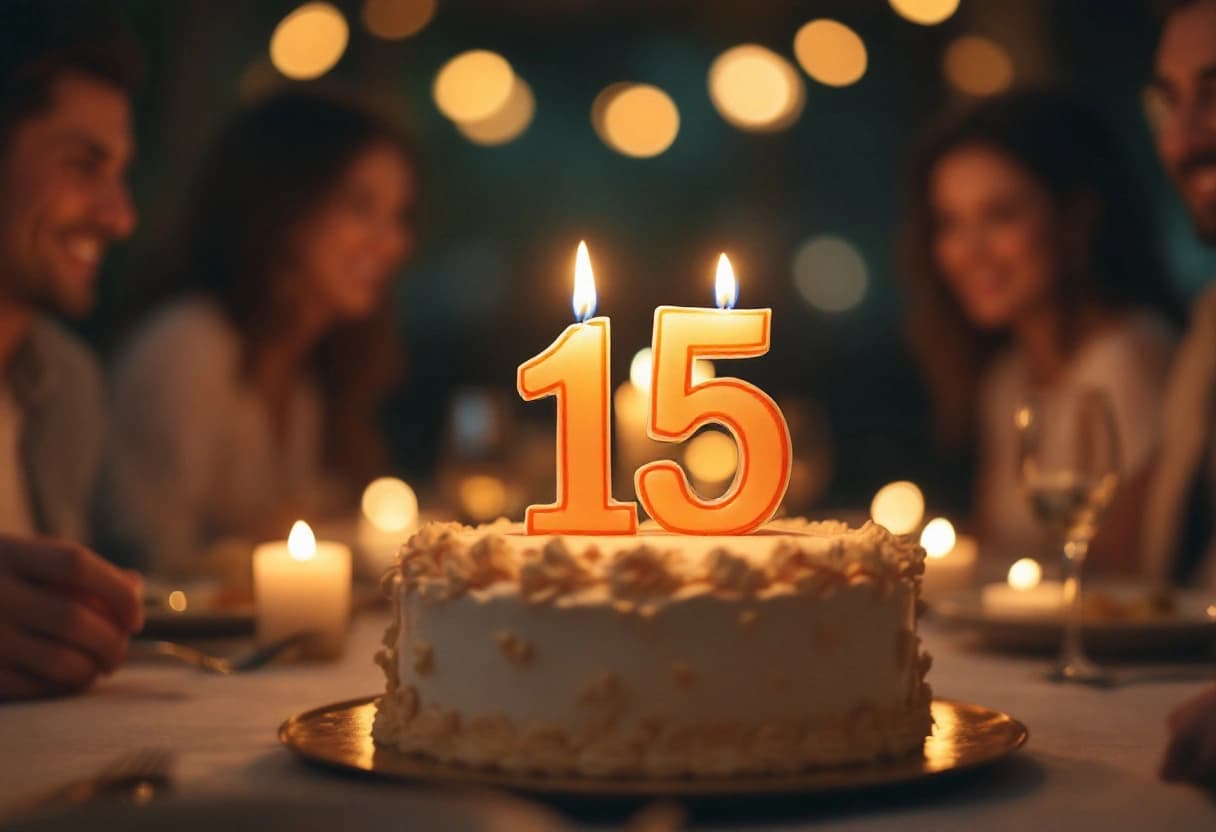 A birthday cake with lit candles at a warmly lit milestone birthday dinner party