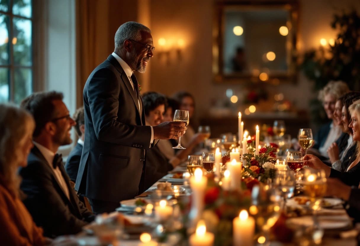 A well-dressed guest giving a toast speech at a milestone birthday dinner party